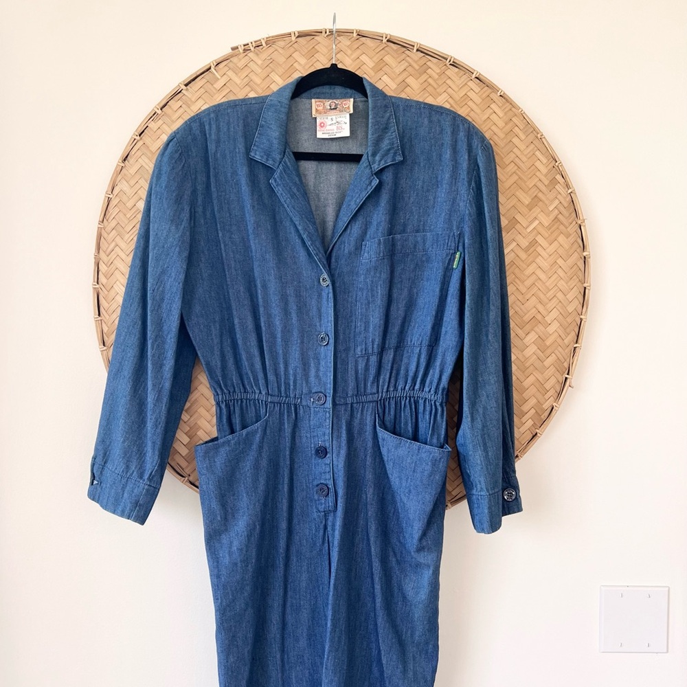 VINTAGE 80’S GENE EWING BIS BIS WRINKLED RICH DENIM DRESS W/ SHOULDER PADS - Picture 8 of 16